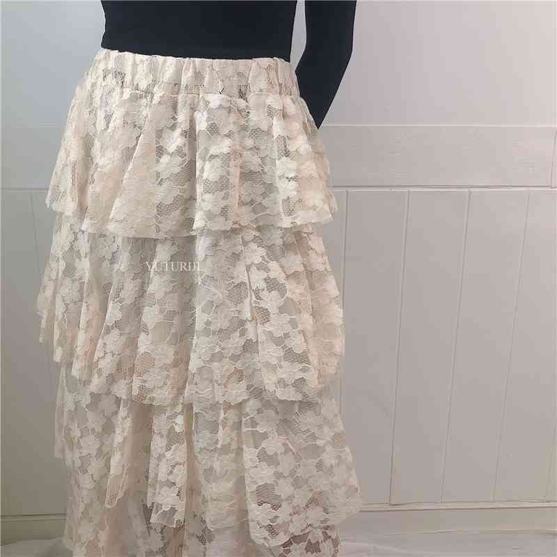 

WOMENGAGA Spring Women's Pleated Skirt Floral Lace Flowers Mesh Long Skirts Korean Sweet Girl Female 7Q0S 210603, Apricot