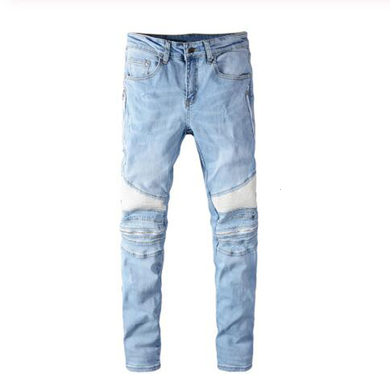 

2021 New Men's Male Light Blue White Pu Leather Patchwork Biker Jeans Fashion Streetwear Slim Skinny Stretch Denim Pants Trousers La7k, Beige