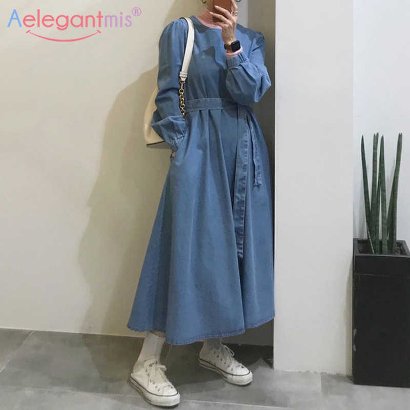 

Aelegantmis Vintage Long Denim Dress Women Puff Sleeve Loose Dresses Female O Neck A Line Vestidos Fashion Sashes 210607, Sky blue