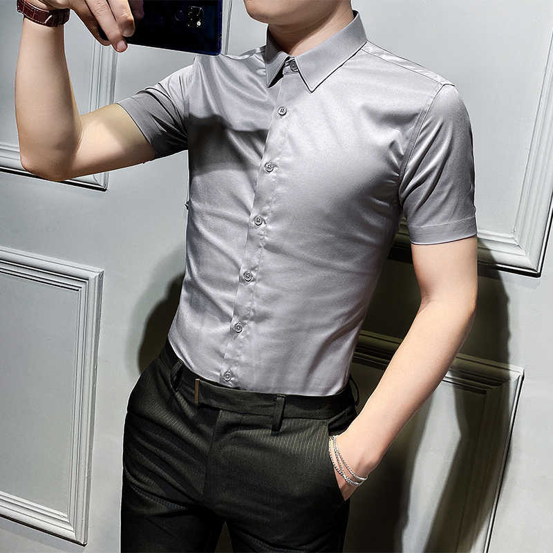 

Summer Mens Business Shirts Casual Slim Fit Dress Shirts Short Sleeve Solid Colors Night Club Party Tuxedo Shirts Male Clothing 210527, Green