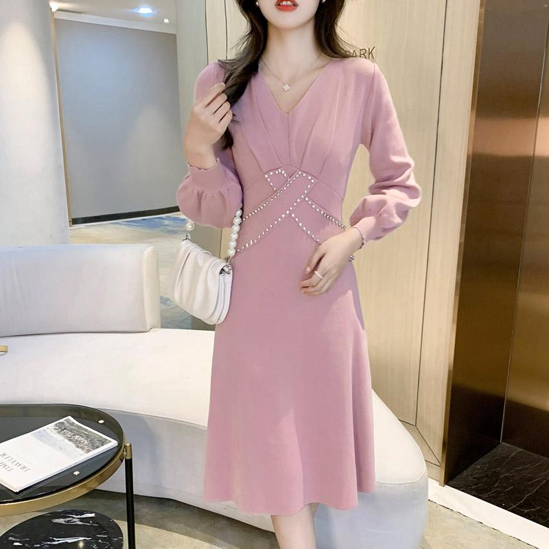 

Casual Dresses Women One Piece Dress Autumn 2021 Office Lady Korea Style Knitting Long Sleeve Patchwork Solid V-Neck Black