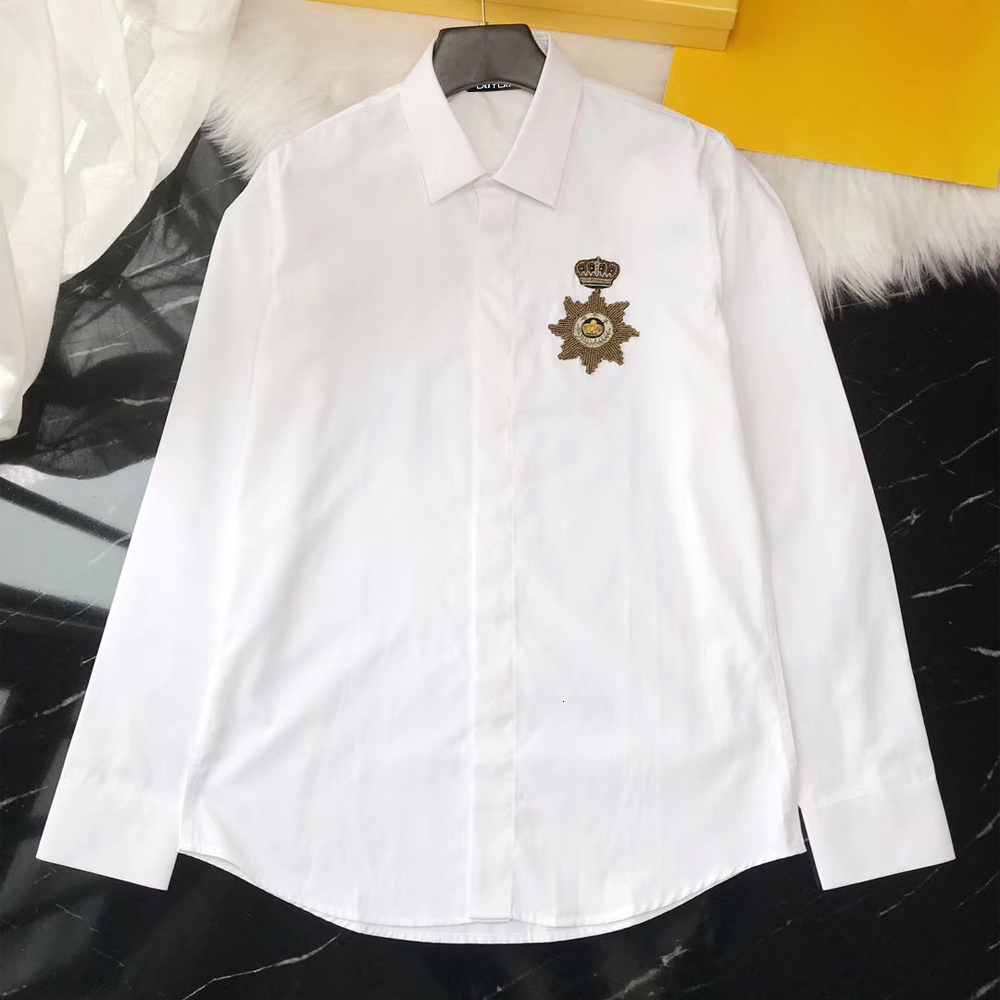 

2021 New Algodo Dos Homens Camisa Masculina Vestido Bordado Ouro Fio Coroa e Emblema De Alta Qualidade Magro Ajuste Camisas Casuais Vsmb, White