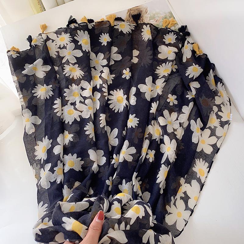 

Berets Fashion Tassel Viscose Scarf Navy Blue Daisy Floral Beach Hijab Shawls And Wraps Female Foulards Echarpe Muslim Snood 180*90Cm, Blue;gray