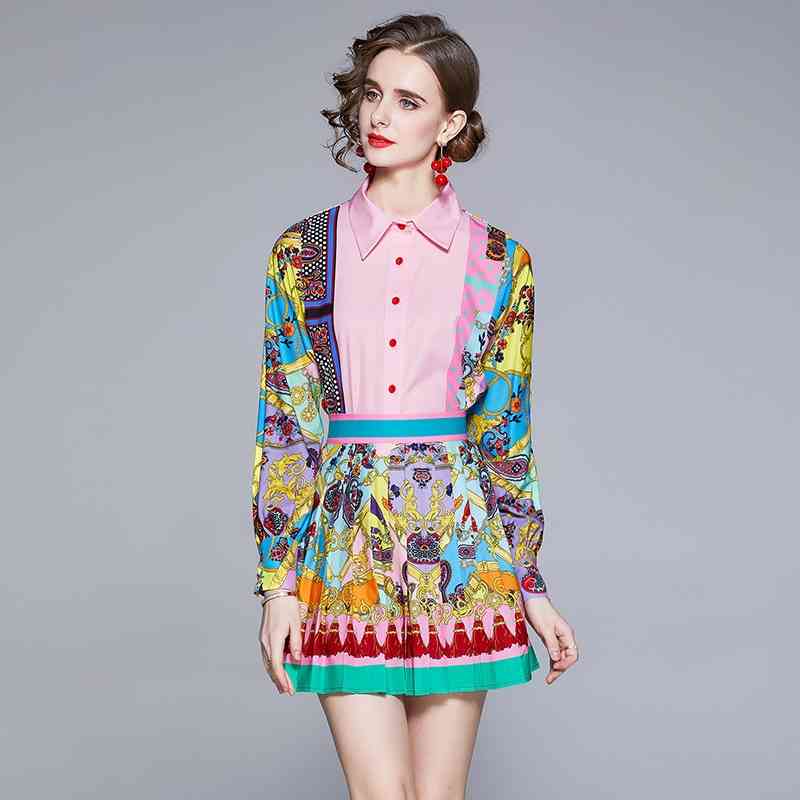 

Runway Spring Summer Flower Skirts 2 Two Pieces Sets Women's Long Sleeve Floral Print Shirt Tops and Short Pleated Suits 210603, Gree