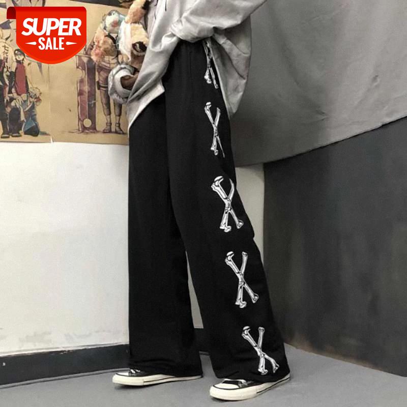 

Vintage streetwear personality bone print pants Casual loose elastic waist full length straight pants women men #MV3i, Black;white