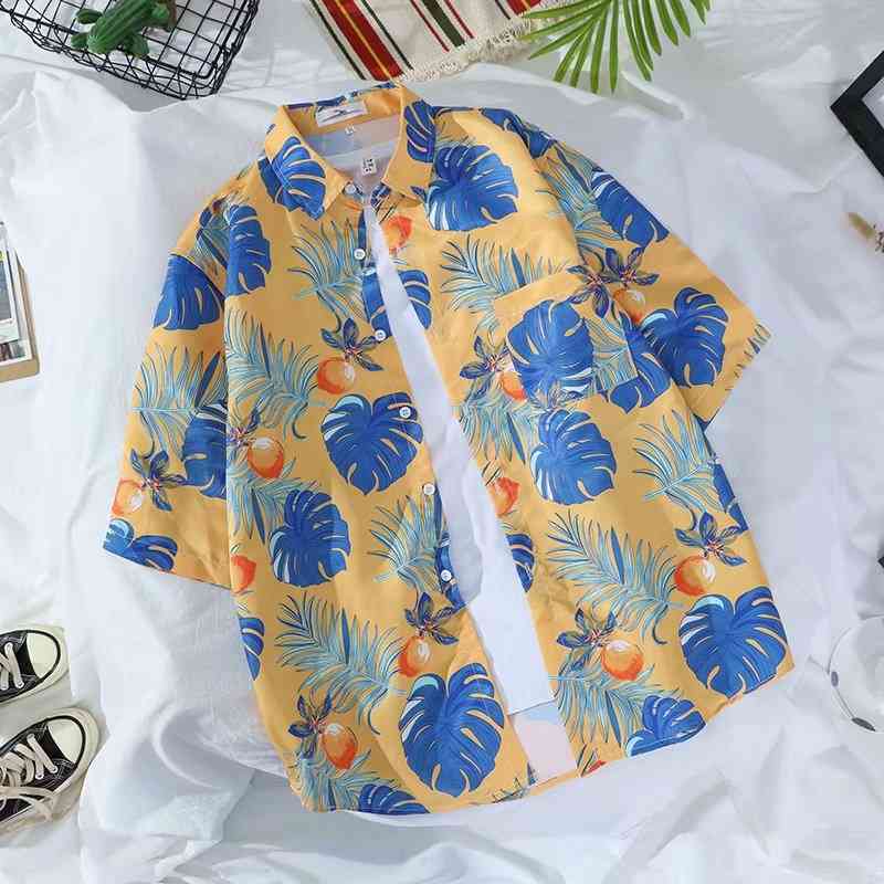 

Fashion brand short sleeve personality trend Hawaiian Beach Flower Shirt Short Sleeve men's loose shirt, 8959 yellow