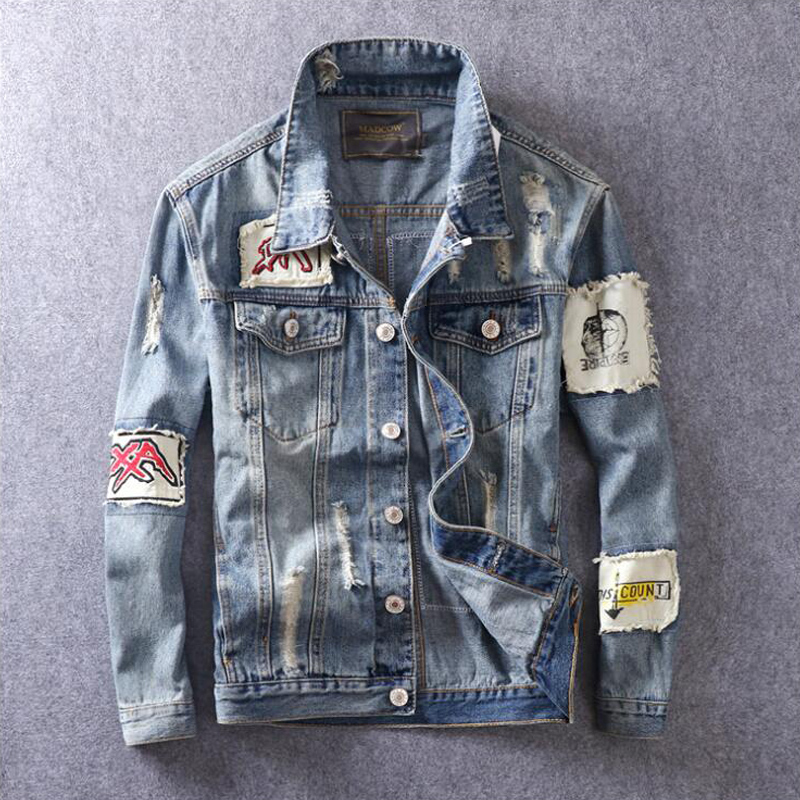 

2021 New American Streetwear Fashion Blue Color Retro Washed Patchwork Hip Hop Men Destroyed Ripped Denim Jacket Hombre 6vep
