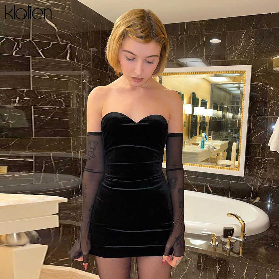 

KLALIEN Fashion Sexy Party Beach Birthday Black Strapless Dress Women Simple Slim Removable Mesh sleeves Female Dress 210621