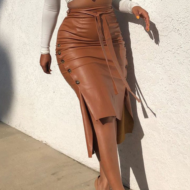 

2021 New Women Spring Irregular Pu Leather Skirts Sexy Split Slim Solid Female Chic Lace Up Bodycon Maxi High Waist Skirt Eu1k, Black