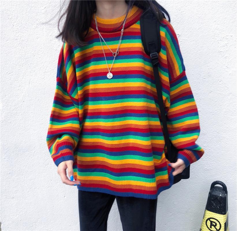 

Women's Sweaters 2021 Spring And Autumn Sweater Rainbow Stripe Loose Women Korean Long Sleeve Knit, Multi