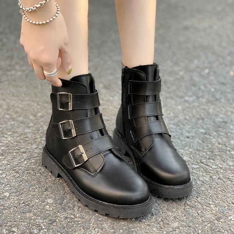 Boots Black Platform Buckle Strap Zip Flat Motorcycle Designer PU Leather Breathable Work 2021 Winter Warm Non-Slip