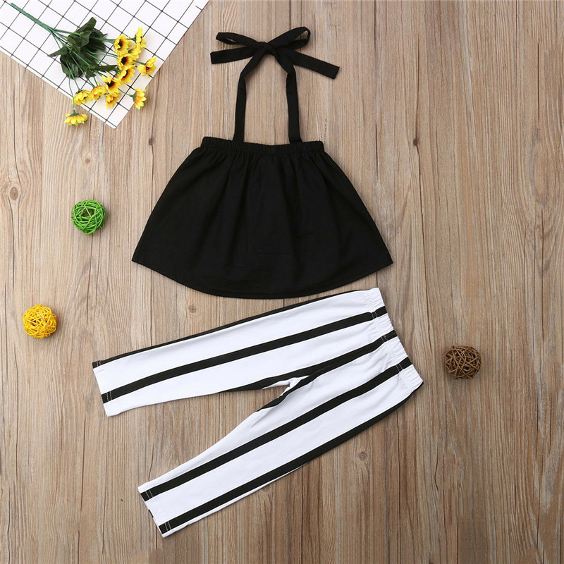 

1-6T Fashion Summer Clothing Girl Strap Tops+Striped Pants Toddler Outfits Girls Clothes Sets, Default color