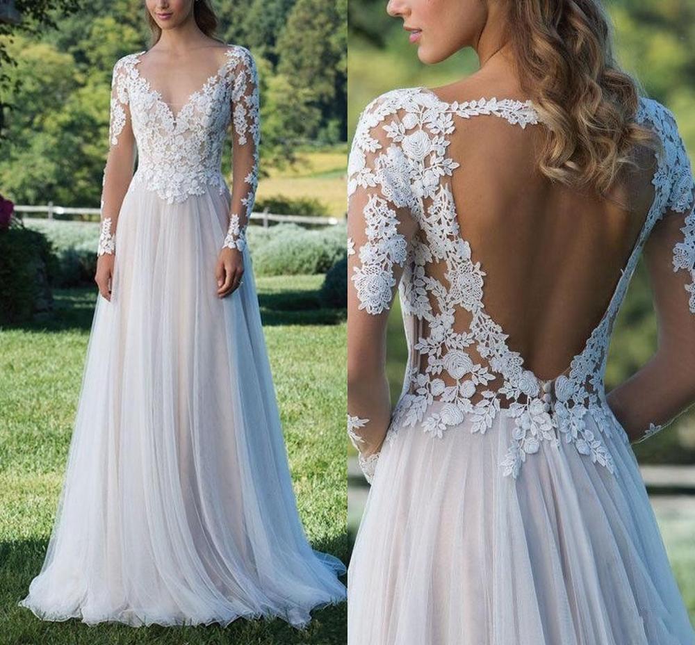 

2021 New Simple Design Long Sleeves Lace Boho Chiffon Wedding Es Backless Applique Bridal Gown Custom Made Beach Tulle Cocf, Ivory