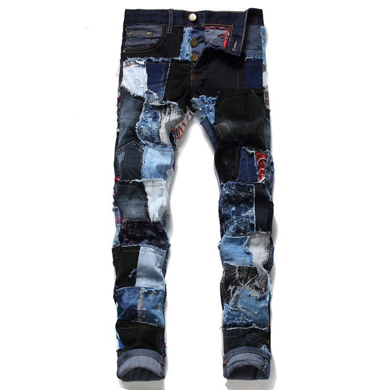 

New 2021 Autumn Winter Men's Patchwork Ripped Embroidered Stretch Jeans Trendy Holes Straight Denim Trouers Kbil, No belt 248