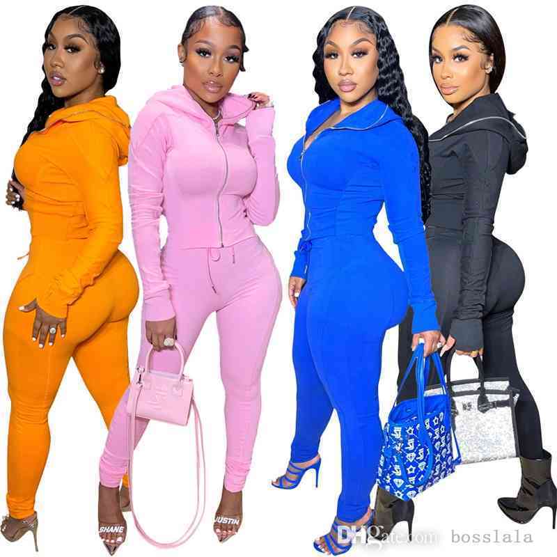 

Womens Hooded Tracksuits Designer Long Sleeve Pile Of Pants Set New Autumn And Winter Zipper Slim Sportswear 2021, Orange