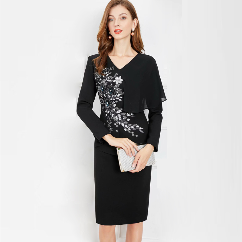 

Women' Dresses V Neck Long Sleeves Beaded Appliques Ruffles Elegant Pencil Dress Vestidos, Black