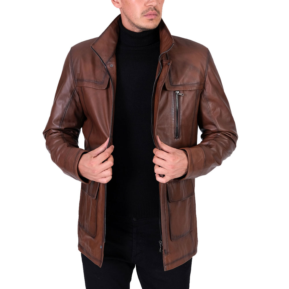 Mens long genuine winter leather coat genuine lambskin turkish made quality jaqueta masculina