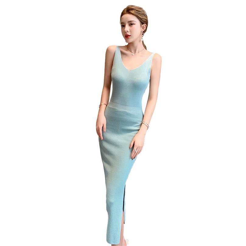 

Blue Maxi party knti tight Dress korean ladies SUmmer Sleeveless Sundress cabaret bodycon Dresses for women 210602