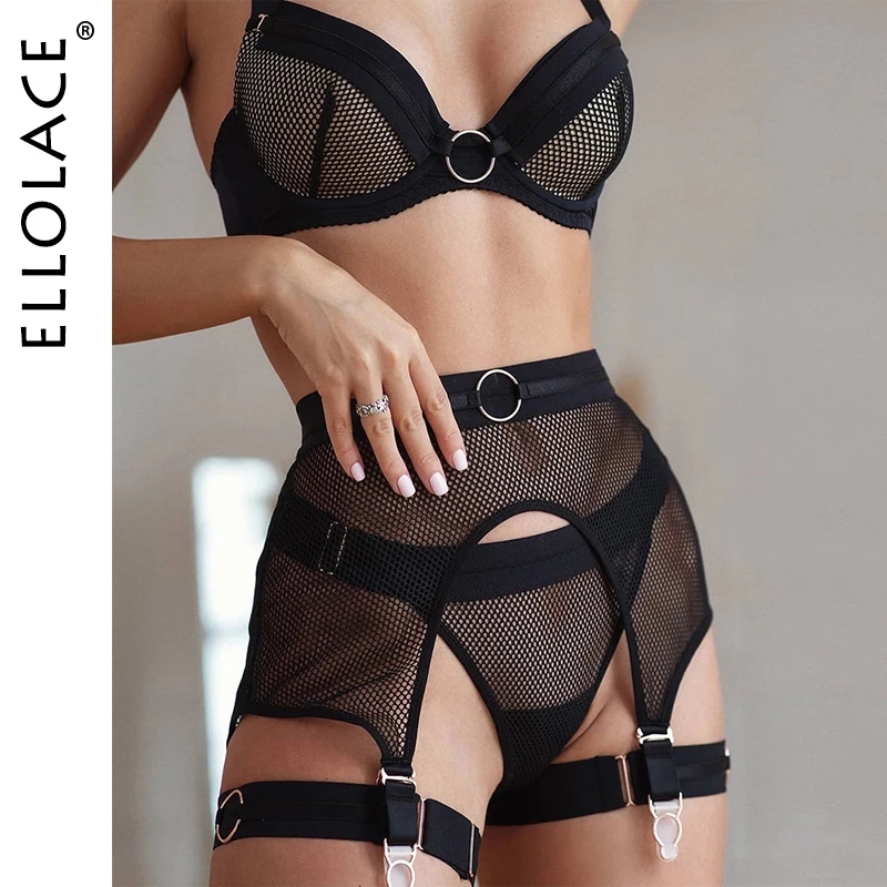 

Ellolace Lingerie Womens Underwear 4 Piece Set Sensual Lingerie Women Bra with Bones Lingerie Set Erotic Underwear Set, Black