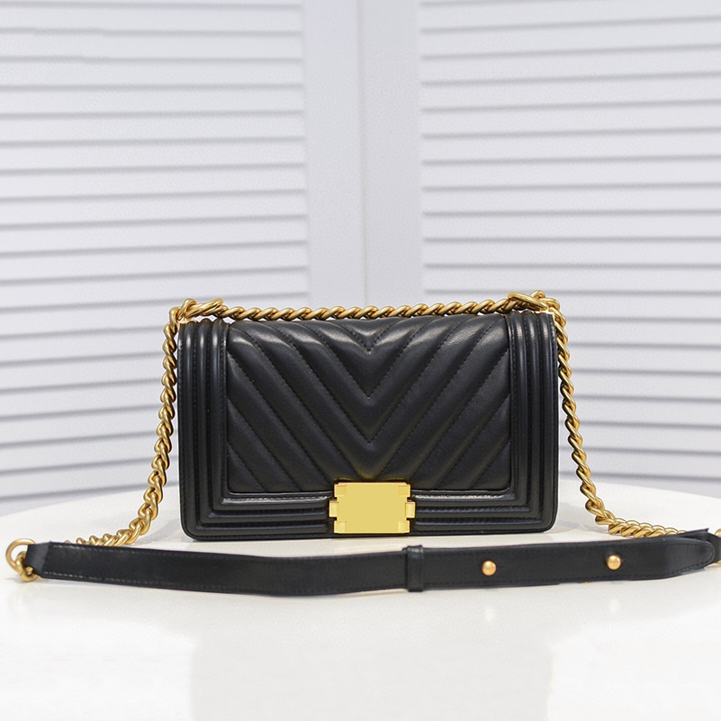 

Luxurys Designers Bags Channel Women Bags Handbags919 Fashion Chain shoulder bag Classic Stripes BOY Handbag Lambskin & Silver/Gold -Black