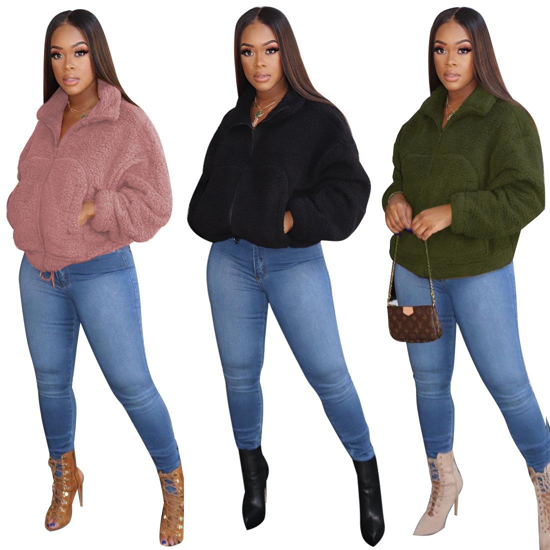 

Fashion Coats Jackets Casual Solid Color Zipper Stand Collar Long Sleeve Winter Women Wool Coat J2416, Green