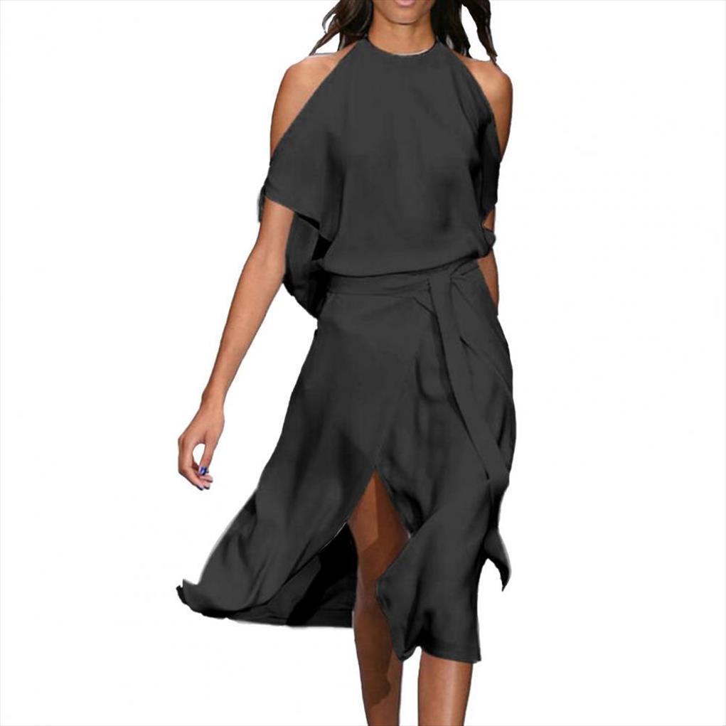 

summer midi long halter simple womens dresses elegant off shoulder loose for work, Black;gray