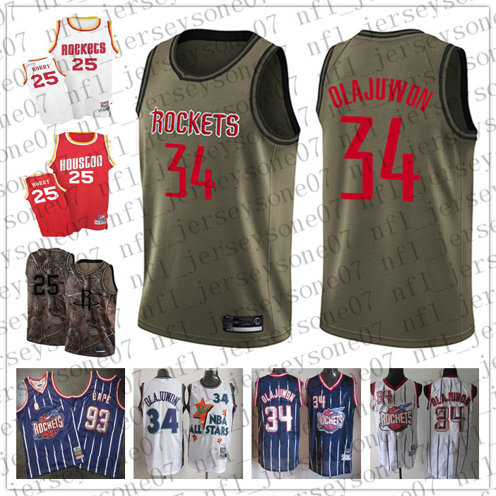 

2022 Custom Houston Mens women youth Rocketss 25 Robert Horry 34 Hakeem Olajuwon red white Throwback Basketball jersey