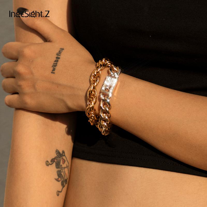 

Charm Bracelets IngeSight.Z 2Pcs/Set Rhinestone Crystal Curb Miami Cuban Chain Bangles Twisted Metal Women Wrist Jewelry