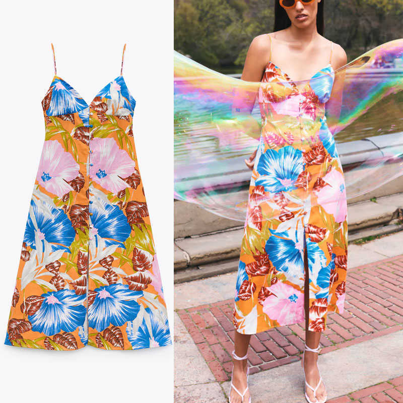 

Za Tropical Print Long Beach Dress Women Sleeveless Straps Backless Sexy Party Dresses Woman Back Opening Summer Dress 210602, As picture