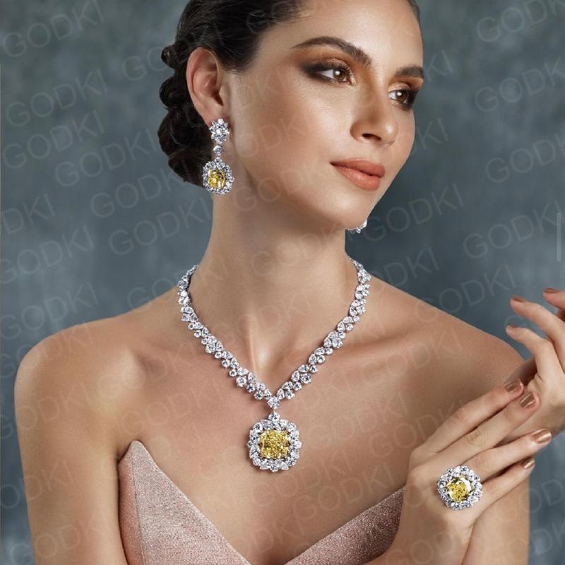 

earrings & necklace godki trendy square yellow cz jewelry set for women wedding zircon african dubai bridal dance party, Silver