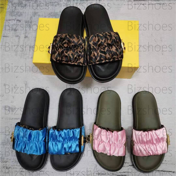 

Vertigo Brown Satin Slides Wide-Band Flat Slide Brown And Tobacco-Colored Luxurys Drawstring Bohemia Beach Slippers, 01