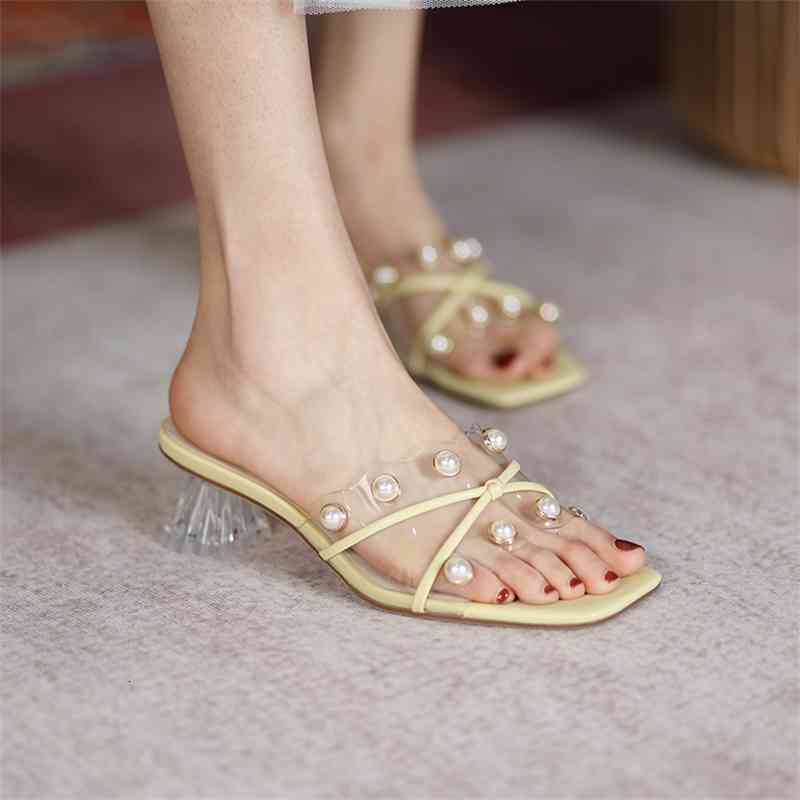 

slippers korean women's slippers plus size 22-26cm transparent material you're wearing high shoes pearl summer fmdo, Black