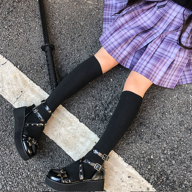 

Dark Black Platform Loli Punk Gothic Vintage Lolita Shoes Rebite Heels High Six in Buckle Star Anime Cosplay Goth Slingshot Back 8ru4