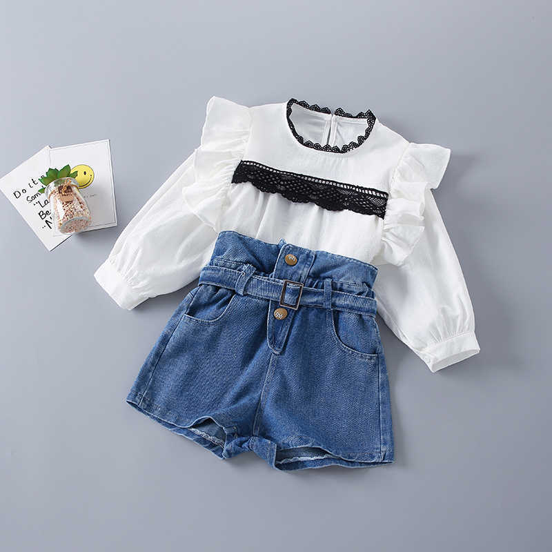 

2-7 Years High Quality Spring Girl Clothing Set Fashion Casual Lace Shirt + short Jeans Kid Children Girls 210615, White
