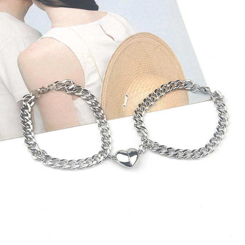 

Charm Bracelets 2Pcs/Set Magnet Couple Heart Attraction Bracelet Stainless Steel Jewelry Gifts Magnetic Love Bracele For Party, Golden;silver