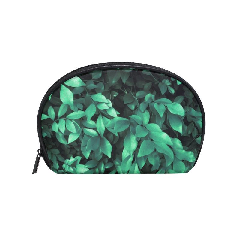 

FengJu Multifuncition Shell Cosmetic bag Purse Half Moon Hanging Travel Toiletry Pouch for Girls Woman Green Leaves, As pic