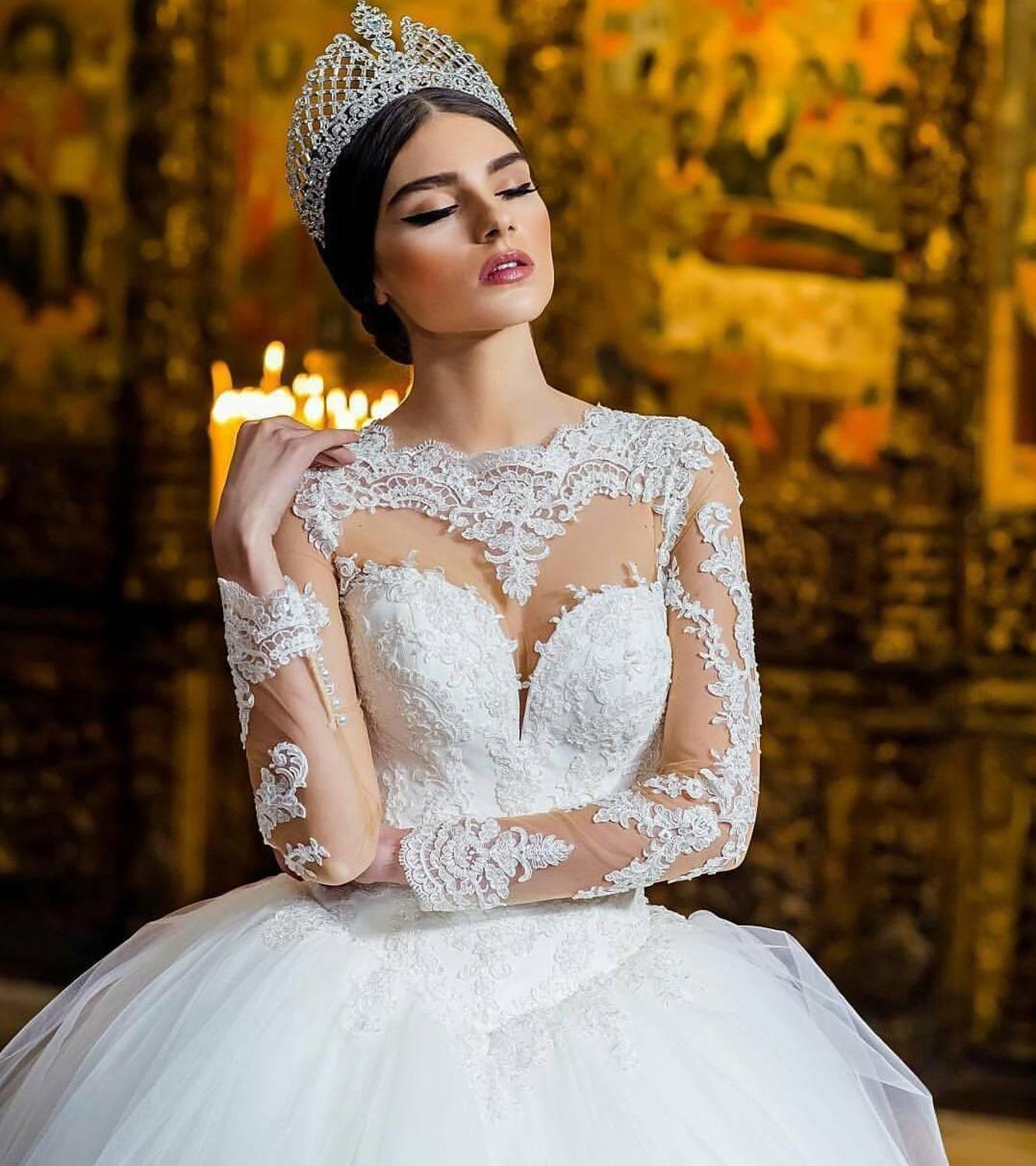 

New 2021 Arabic Dubai Sheer Neck Wedding Es Ball Gown Long Illusion Sleeves Applique Beaded Lace Bridal Robe De Mariee 99jd, White