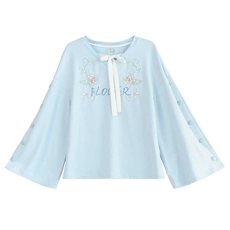 

MERRY PRETTY Women Rose Floral Embroidery Hoodies Autumn Long Sleeve Neckline Lace Up Pullovers For Femme Sweet Sweatshirts 210526, Blue