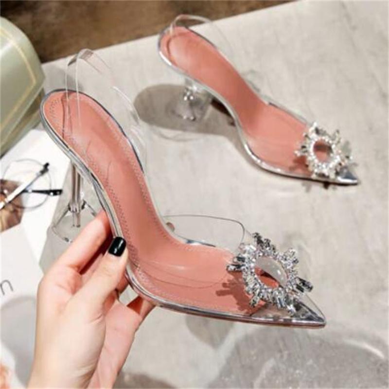 

Sandals Transparent PVC Women Pointed Clear Crystal Cup High Heel Stilettos Sexy Pumps Summer Shoes Peep Toe Size 43, Silver 9cm