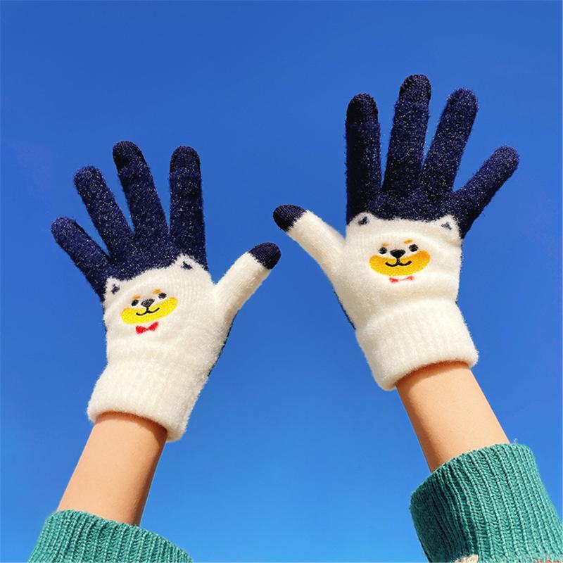 

Five Fingers Gloves Women Cartoon Stitching Puppy Print Mittens Ladies Winter Warm Knitted Striped Thermal Fleece Thicken Touchscreen, Blue;gray