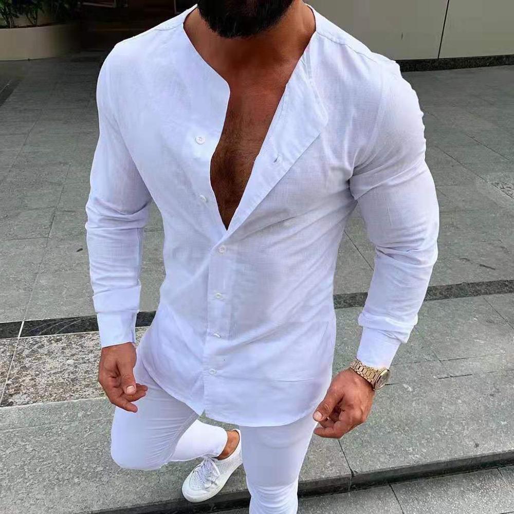 

2021 Autumn New Men Vintage White Shirt Mens Solid Color v Collar Long Sleeve Casual Harajuku Man Cotton Linen Shirts Koszula Txb9