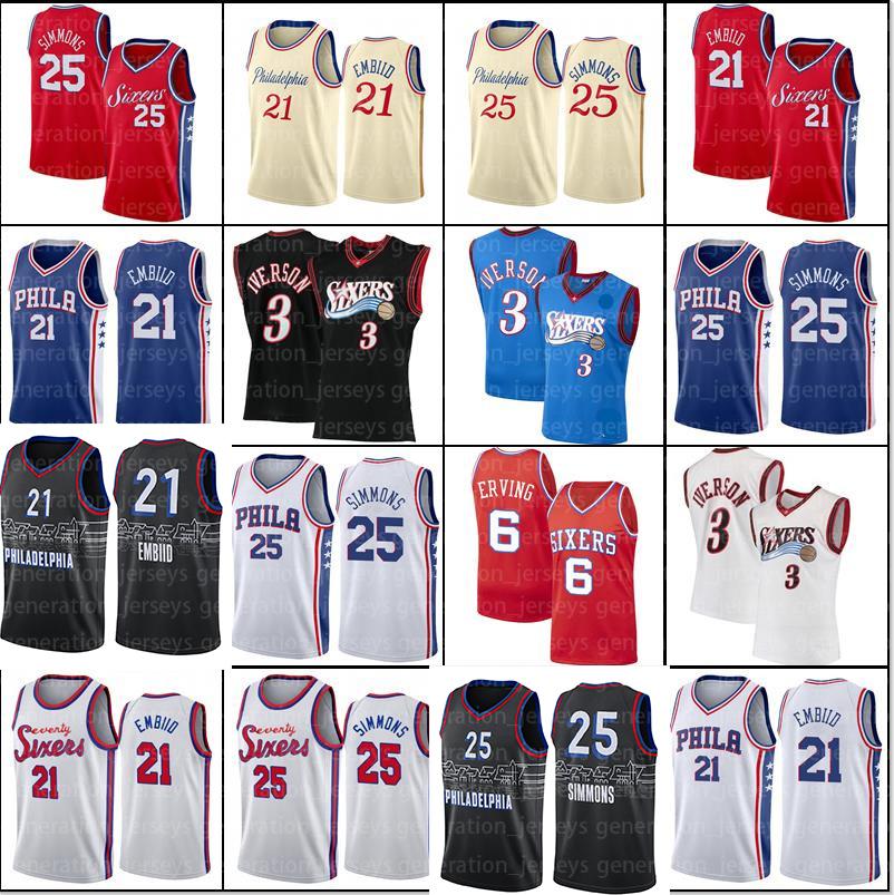 

Philadelphia 76ers Jersey Allen 3 Iverson Joel 21 Embiid Ben 25 Simmons Men Al 42 Horford Julius 6 Erving Throwback Basketabll, Black;red