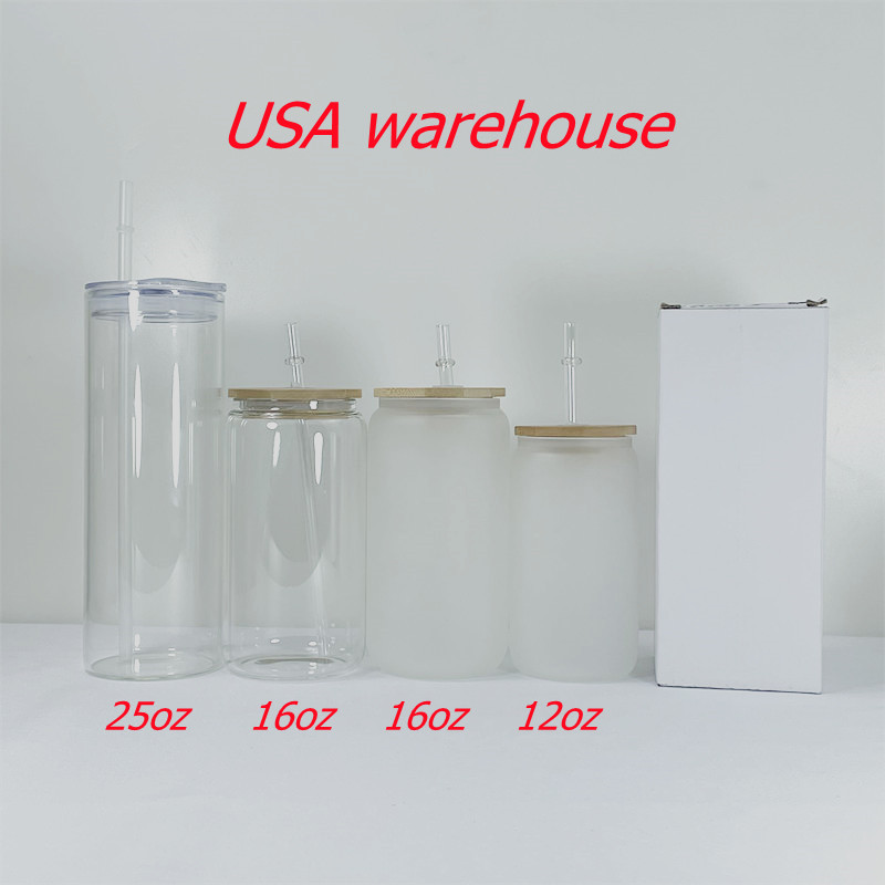 

USA Local Warehouse 12oz 16oz Sublimation glass tumbler with Bamboo Lid clear frosted glasses mason jar beer cola can reusable Plastic Straw Soda bottle 50pc/case, As pic