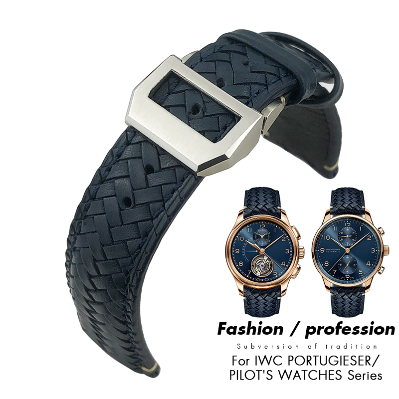

20mm 21mm 22mm Curved End Woven Genuine Leather Watch Band Cowhide Strap fit for IWC Portugieser Pilot's Watches IW394005 IW3777 Blue Soft Watchband