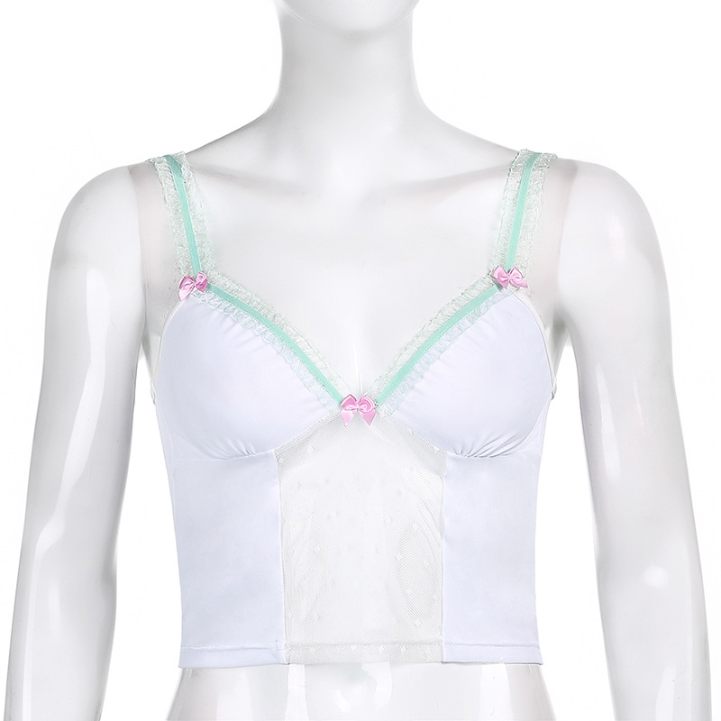 

Sexy V Neck Mesh Splice Lace Slim Crop Tank Tops Women Bodycon Backless Casual Camisole 2021 Female Fashion Streetwear, White