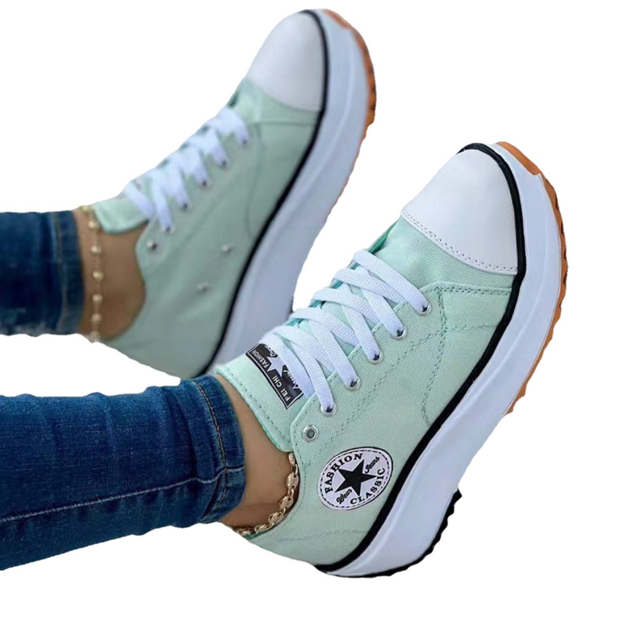 

No brand logo new spring large size multi-color lace up round head canvas shoes low top thick sole single shoes, As pics