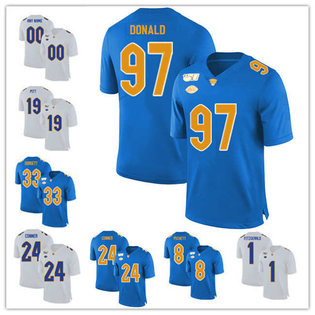 

Custom NCAA Pittsburgh Panthers Football Jersey College 150 TH Pitt 97 Aaron Donald 24 CONNER 12 P.Ford Blue White Any Name Number -5XL