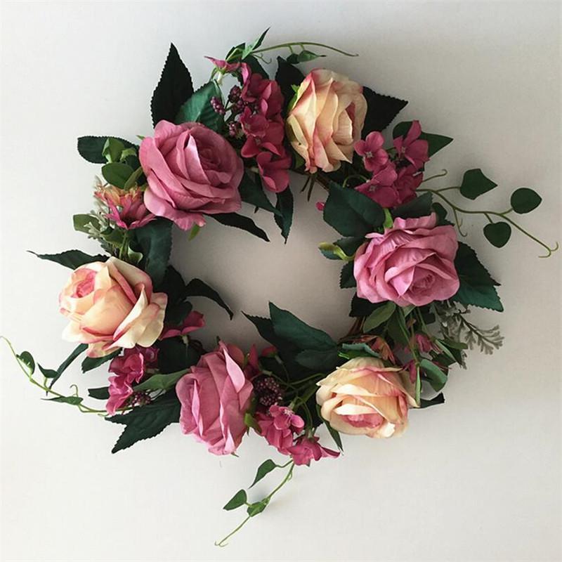 

Flone European Artificial Rose Wreath Silk Flower Simulation Garland Wedding Home Party Living Room Decor Door Ornaments, Pink