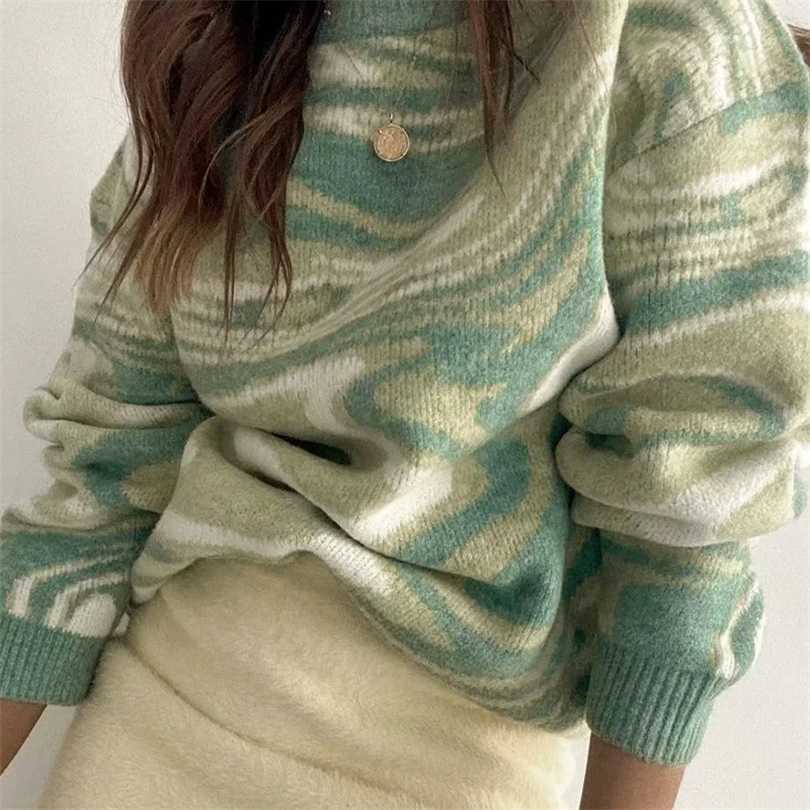 

Tie Dye Print Knitted Long Sleeve Womens Sweaters Autumn Winter Harajuku Loose Fashion Ladies Y2k Casual Pullover 211018, 3296 white