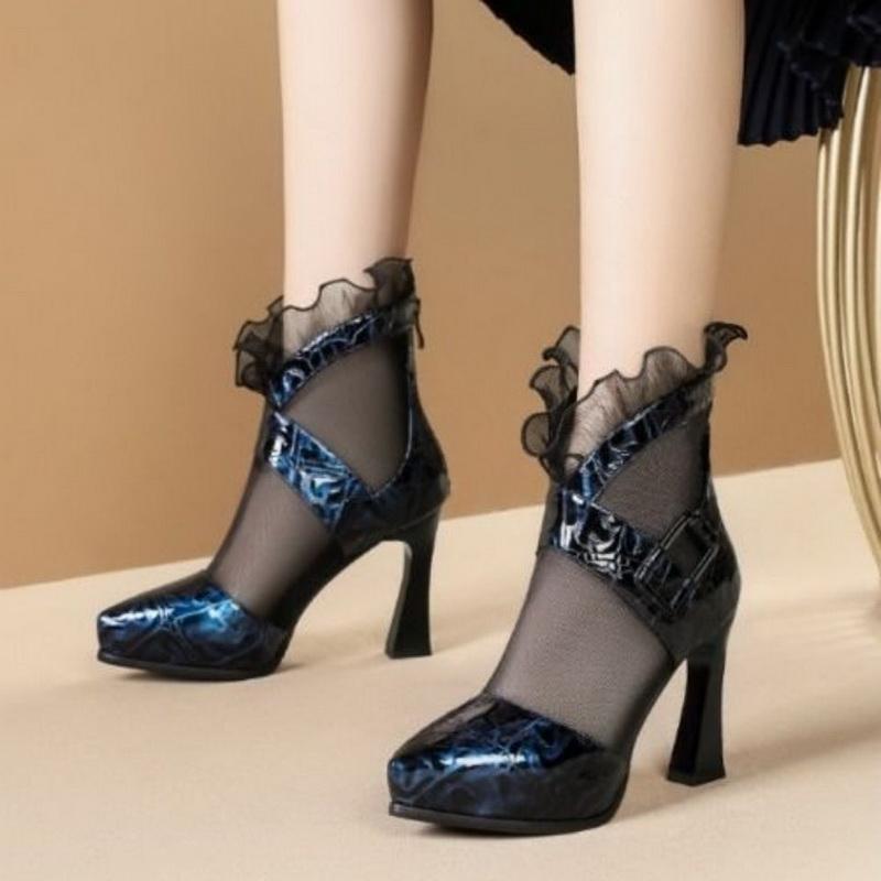 

Dress Shoes 2021 Sexy Summer Woman High Heels Lace Sandals Women Platform Pumps Buckle Ponited Toes Thick Heel Black Blue AB-20, Black shiny leather